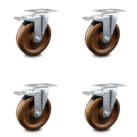 Service Caster 5 Inch High Temp Phenolic Swivel Top Plate Caster Set with Total Lock Brake SCC SCC-TTL20S514-PHRHT-4